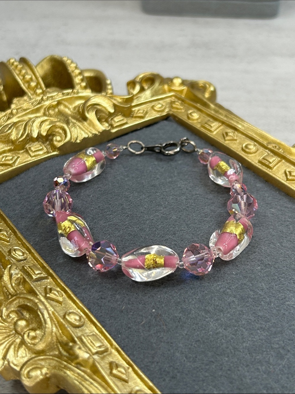 Handmade Pink Glass & Crystal Bead Bracelet with Gold Accents